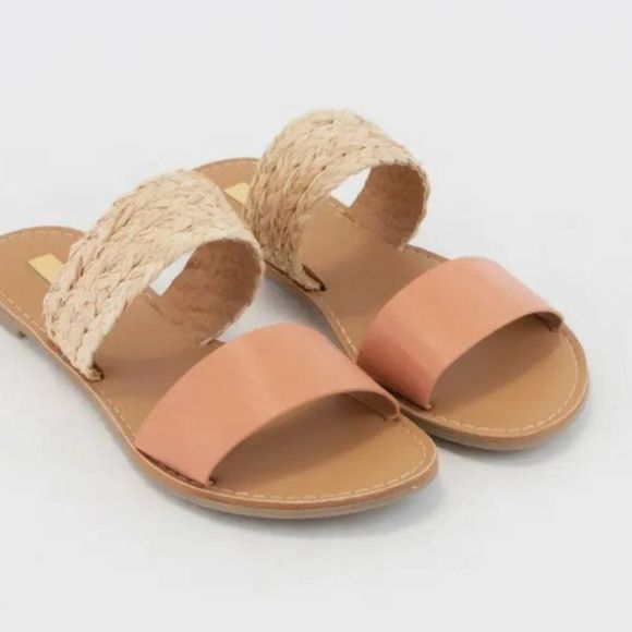 Qupid Two Band Slip-On Flat Sandals- Coral/Straw Tan - Picture 2 of 10